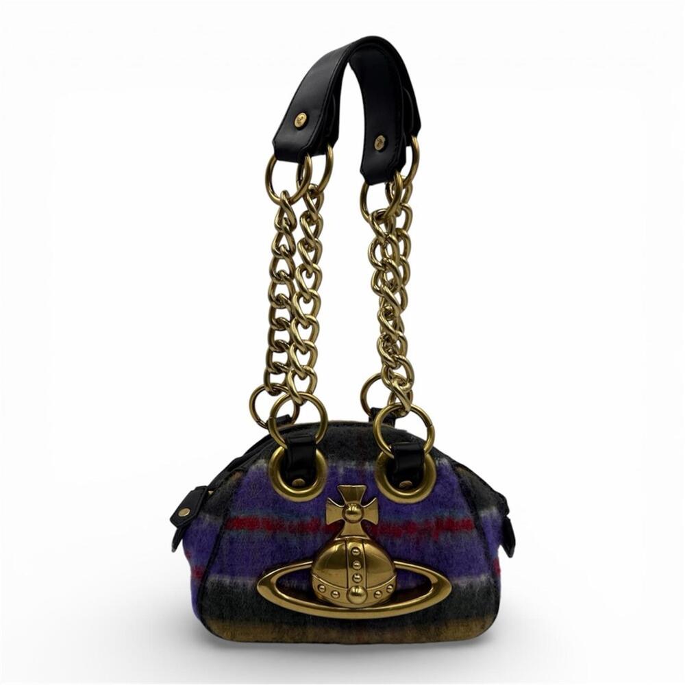 Vivienne Westwood Orb Wool Mini Chain Bag Plaid Gold Hardware - Picture 1 of 9